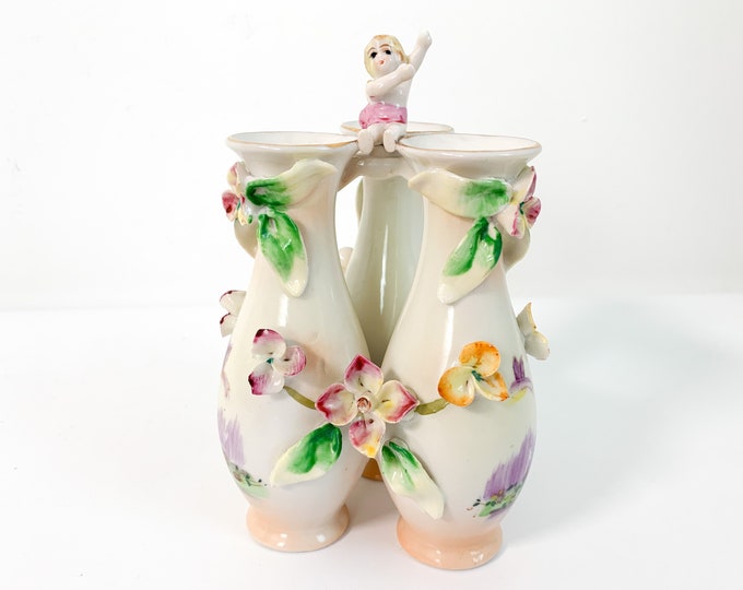Vintage 3 Bud Vase Mid Century Kitsch Floral Home Decor Ceramic Child / Baby on Top EPP & Co Japan Small Triple Vase