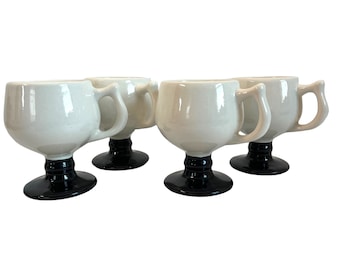 4 Vintage Caribe White & Black Mugs - Set of Four Pedestal Footed Coffee Mugs / Coffee Cups Puerto Rico - Very Retro Kitsch!