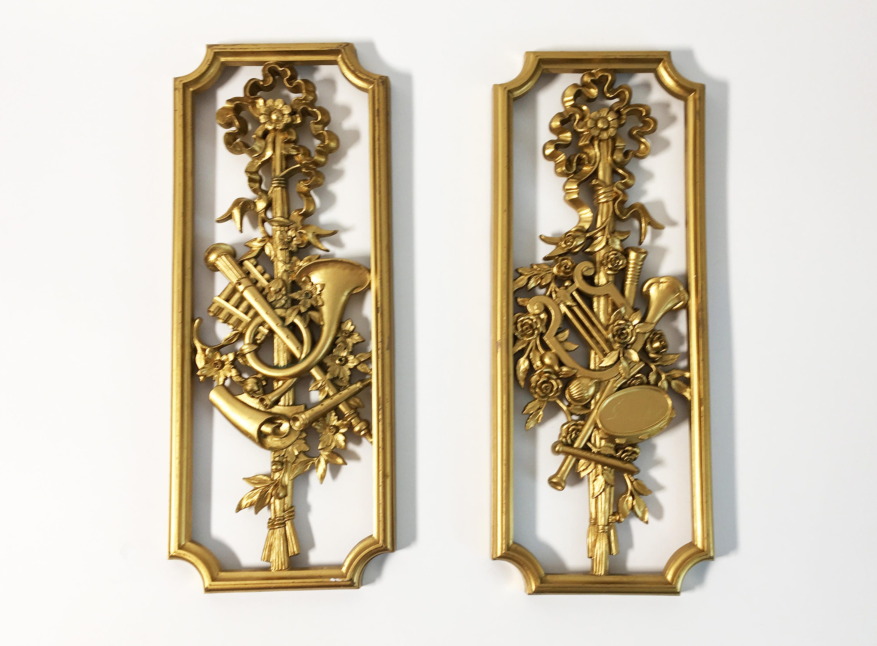 Set of 2 Vintage Gold Ornate Wall Hangings Mid Century Florals