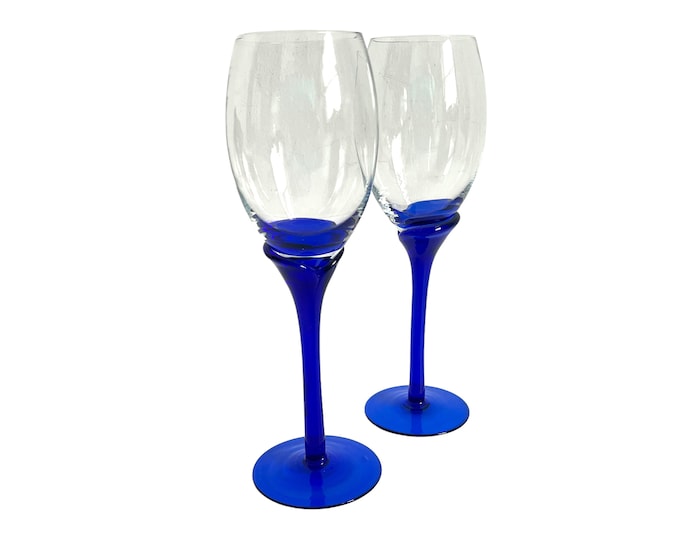 Pair of Blue Stem Wine or Water Glasses - Vintage Handblown Glass w/ unique Stem - 2 Cobalt Blue with Clear Bowl Two Goblets - Stemware