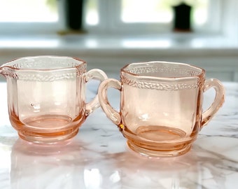 Pebble Rim Pink Depression Glass by Smith Glass Sugar & Creamer - Antique w/ Raised Pattern on Rim - Unique Kitchen Serving Collectible 2 Pc
