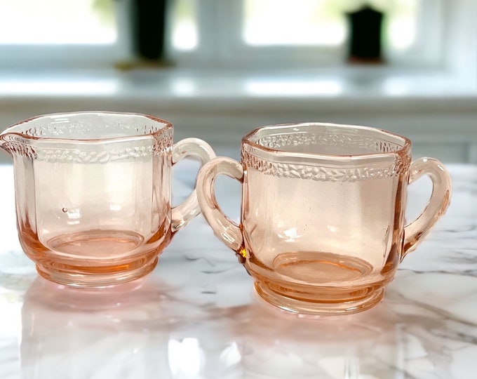 Pebble Rim Pink Depression Glass by Smith Glass Sugar & Creamer - Antique w/ Raised Pattern on Rim - Unique Kitchen Serving Collectible 2 Pc