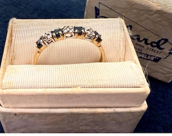 Vintage 14K Yellow Gold Alternating Blue Gemstone & Diamond Ring - Slim Midi Stacking Band - Retro Jewelry Spinel w/ Clear Gems - Size 5.75