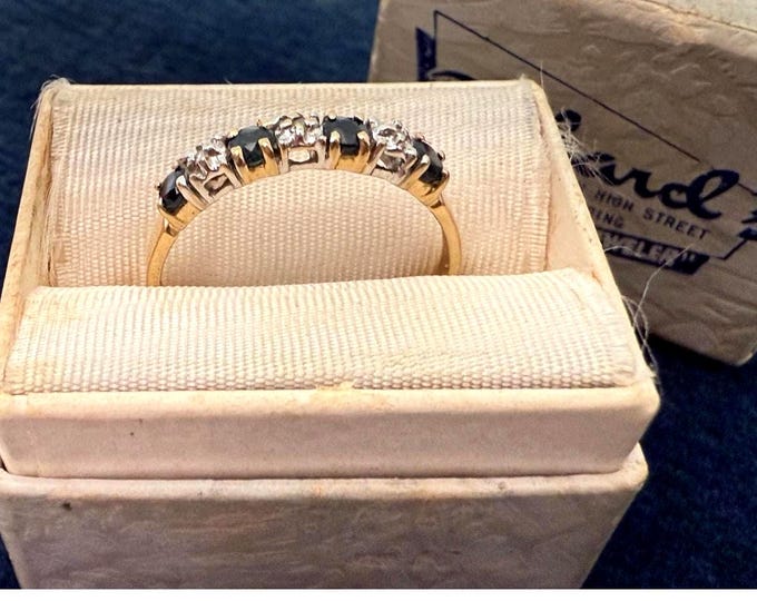 Vintage 14K Yellow Gold Alternating Blue Gemstone & Diamond Ring - Slim Midi Stacking Band - Retro Jewelry Spinel w/ Clear Gems - Size 5.75