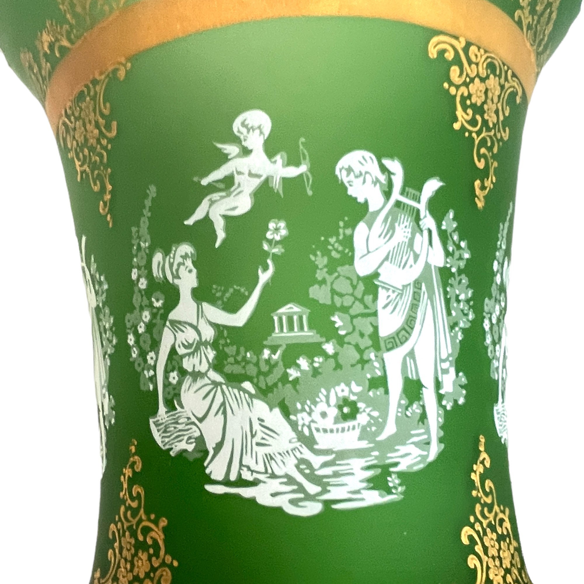 Extra Large Art Glass Vase Vintage Green Painted Glass Vase w/ Gold