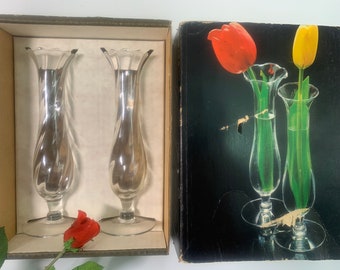 Pair Vintage Riekes Crisa Bud Vases - Two Clear Glass Optic Vases Retro Home Decor