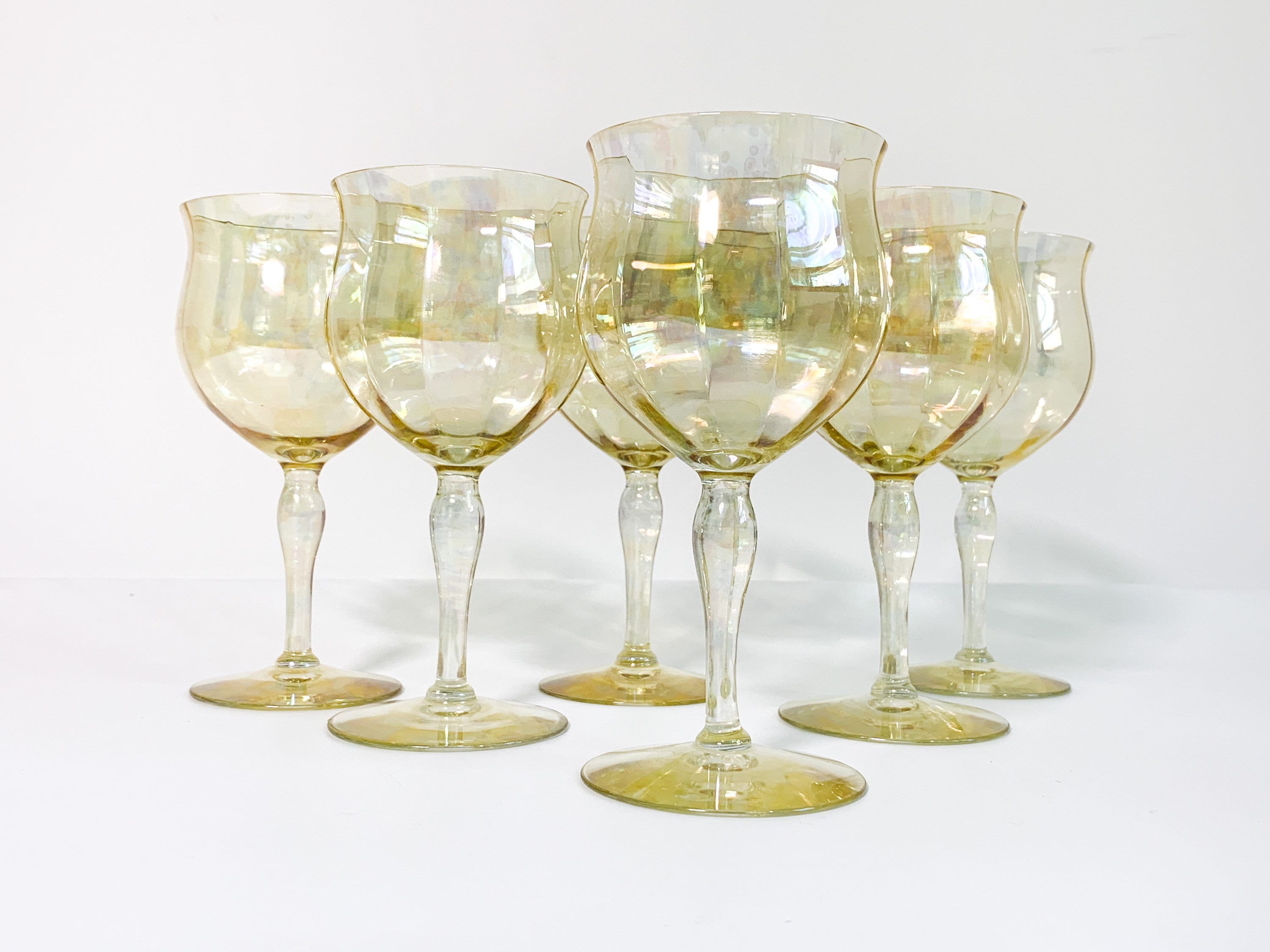 Vintage Set of 6 Iridescent Wine Glasses Light Peach Color Large