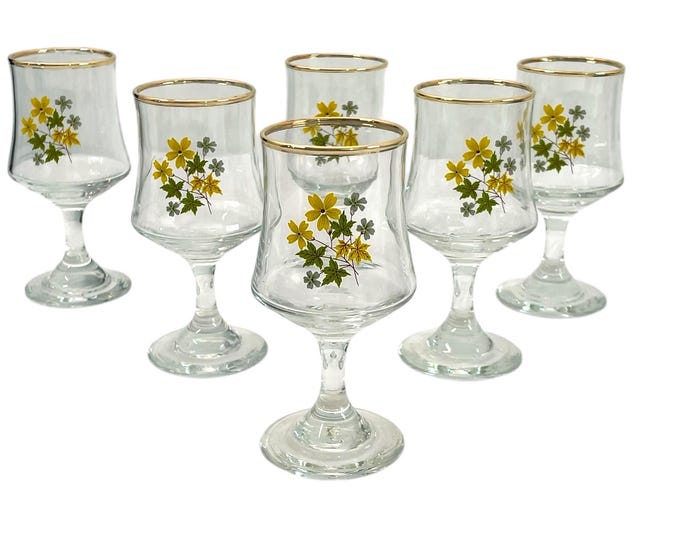 Vintage Harvest by Dema Sherry Glasses "Sherries" (or Small Juice Glasses) Set of 6 Gold Rim - Made in England - 1960s - Mad Men Gold Rimmed