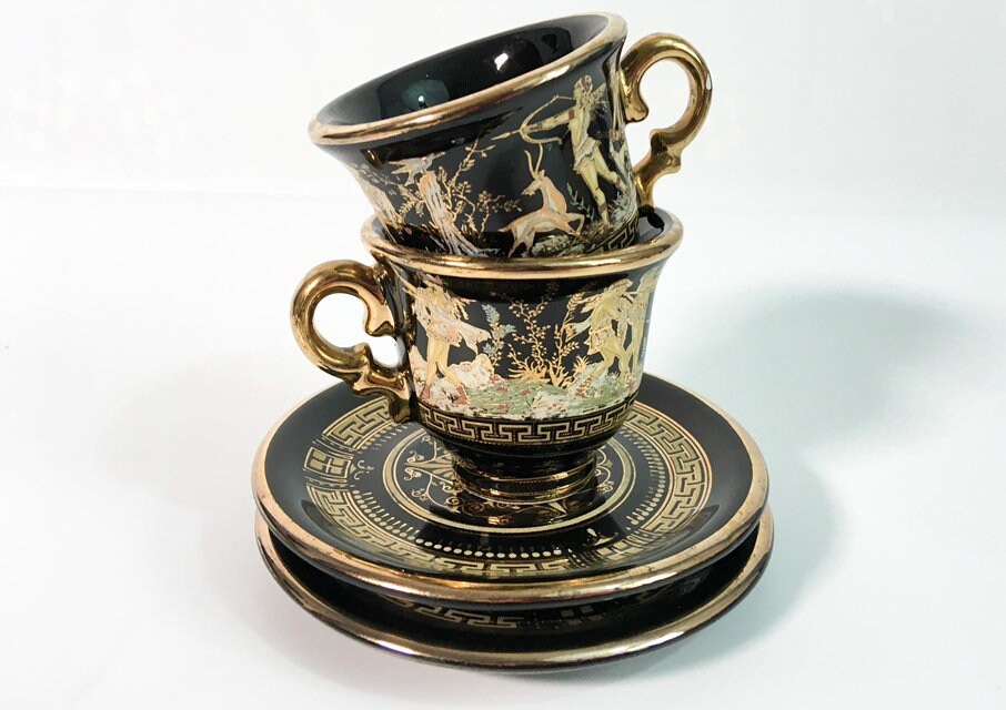 2 Vintage Demitasse Cups & Saucers 24K Gold on Black Greek Retro Pair