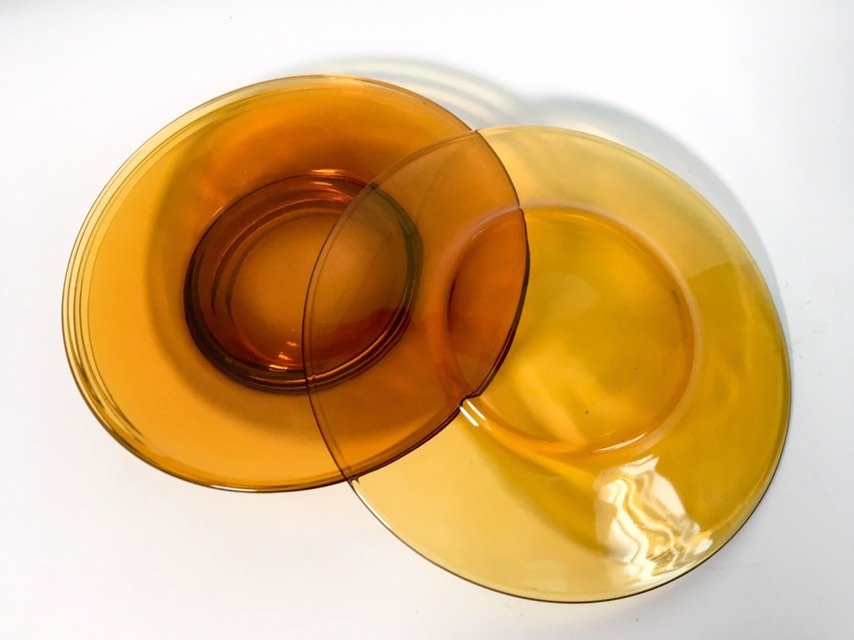 7 Vintage Amber Salad / Dessert Plates - Small Plain Amber Glass Dishes