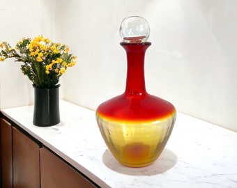 Vintage Mid Century Modern Amberina / Red / Yellow Glass Decanter with Round / Bulbous Clear Glass Stopper MCM Home Decor