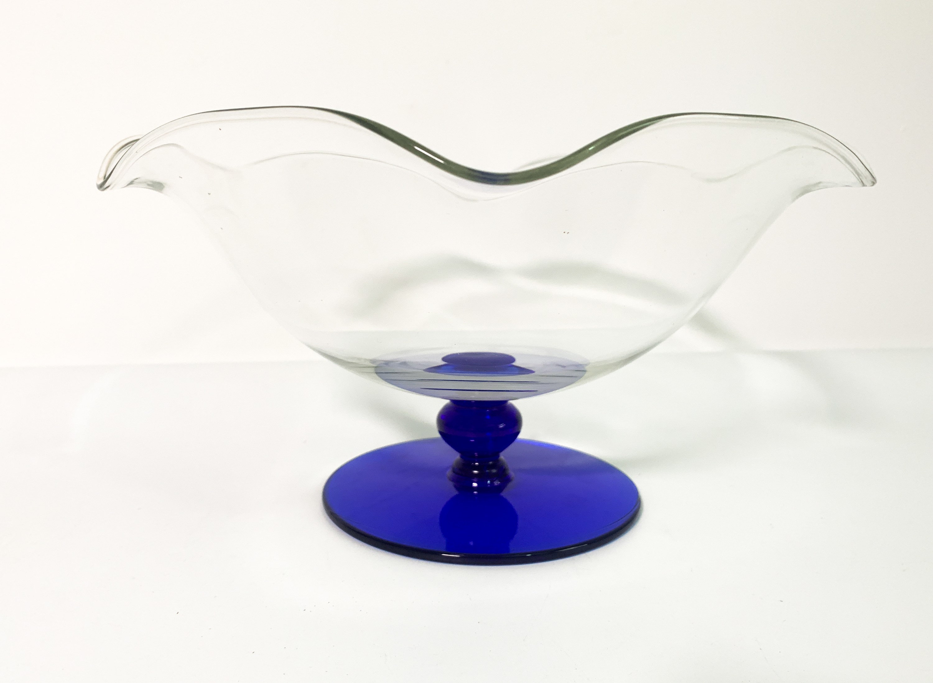 Vintage Glass Compote w/ Cobalt Blue Base Centerpiece Retro Pedestal