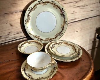 Vintage Japanese Noritake 6 Piece Table Setting ca 1930s - Coupe Pattern - Serving Dining Set w/ Black Band & Gold Flowers