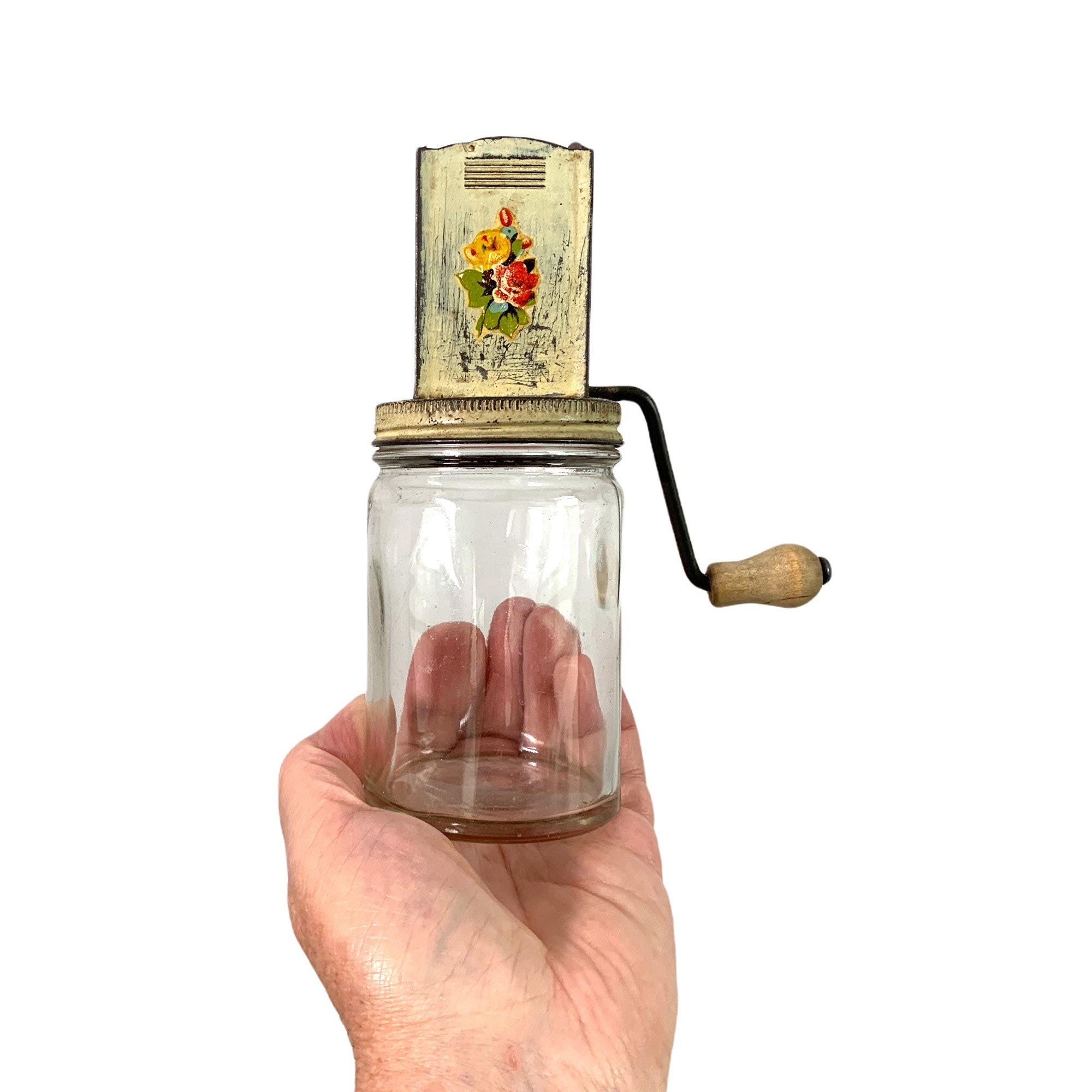 Antique Spice Grinder w/ Wooden Handle Flower Decal w/ Light Green