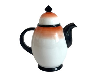 Vintagem Art Deco Porsgrund Pottery Norway Teapot or Small Coffee Pot 1865 - W/ Red & Black on White Ca 1911-1935 - Rare Porcelain