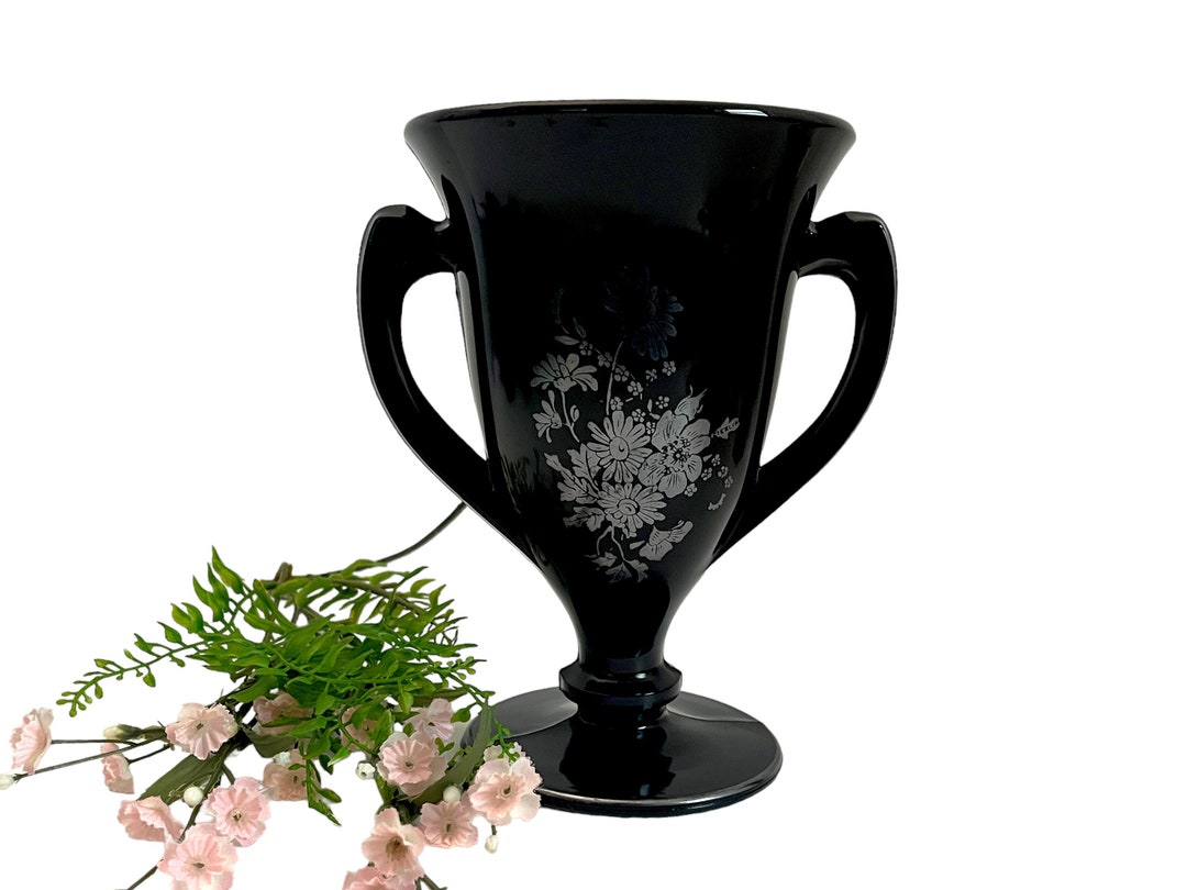 Black Depression Glass Double Handled Footed Vase W/ Silver Etsy