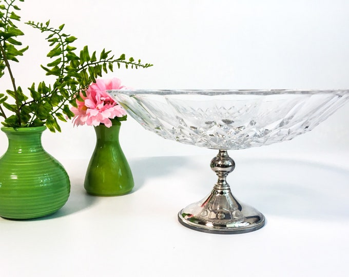 Val St Lambert Bavaria Crystal Pedestal Dish w/ Silverplate Base - Retro Compote Serving or Kitchen Decor Centerpiece