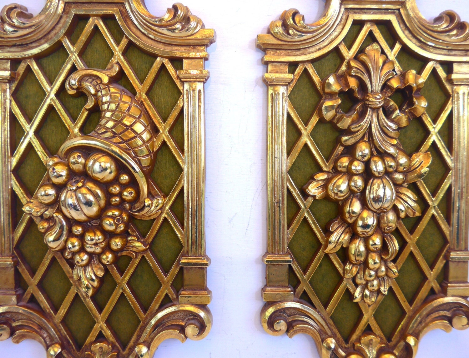 Pair Vintage Gold Ornate Wall Hangings - Mid Century Wall Decor