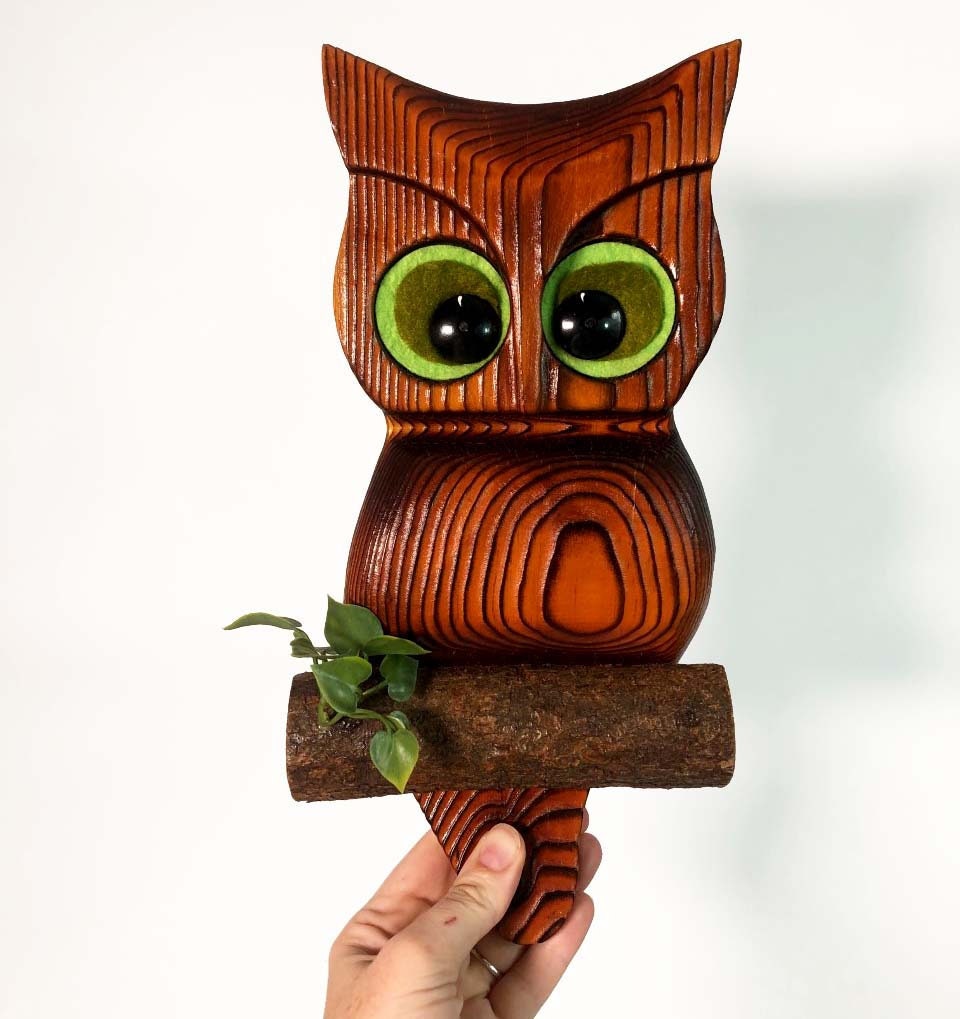 Vintage Wood Owl Green Mountain Wooden 1970s Wall Hanging Kitsch