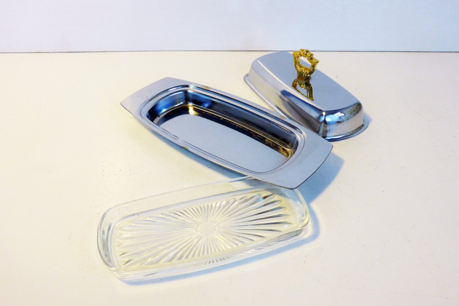 Butter Dish Vintage Kromex Butter Dish Cover & Glass Insert 3 Pc