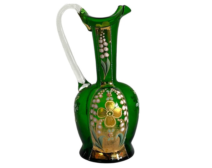 Vintage / Retro Elegant Bohemian Art Glass Pitcher - Emerald Green with Clear Handle & Gold Trim - Lily of Valley Flowers