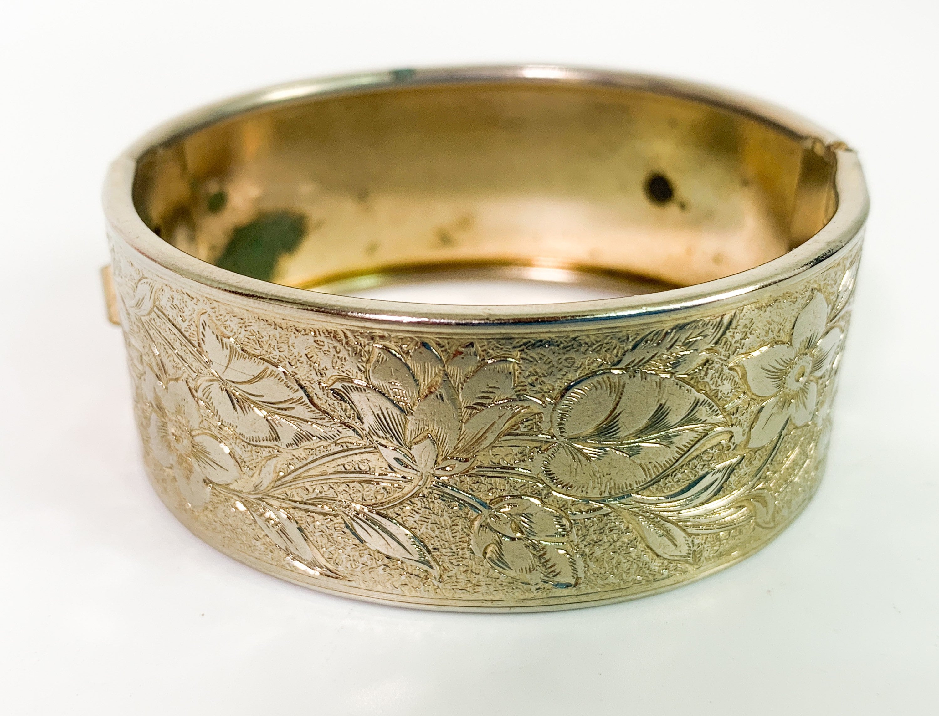 Vintage Etched Bangle Bracelet Retro Silver tone Metal Hinged Cuff