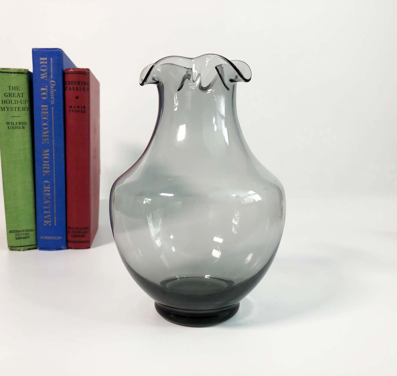 Vintage Smoky Grey Ruffled Art Glass Vase Hand Blown Modern Shaped