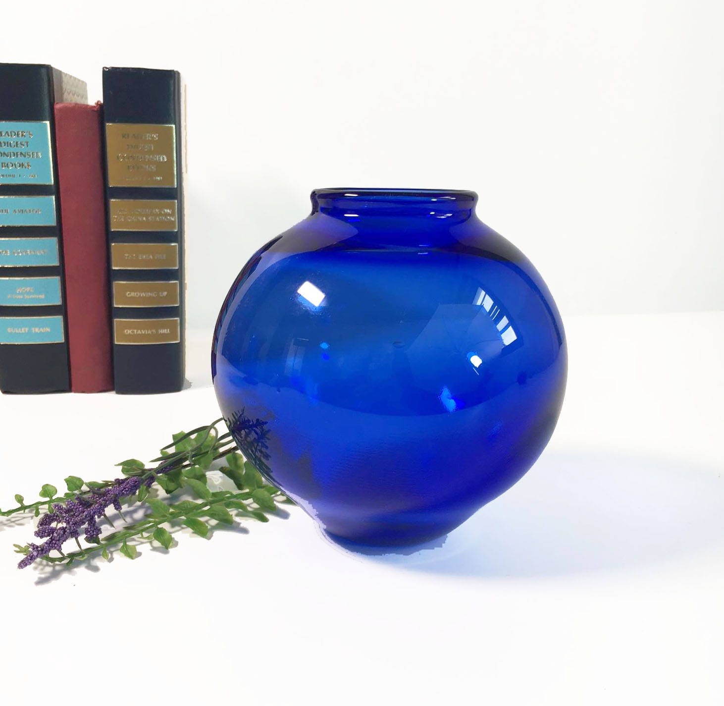 Vintage Cobalt Blue Art Glass Vase Hand Blown Round / Orb Shaped