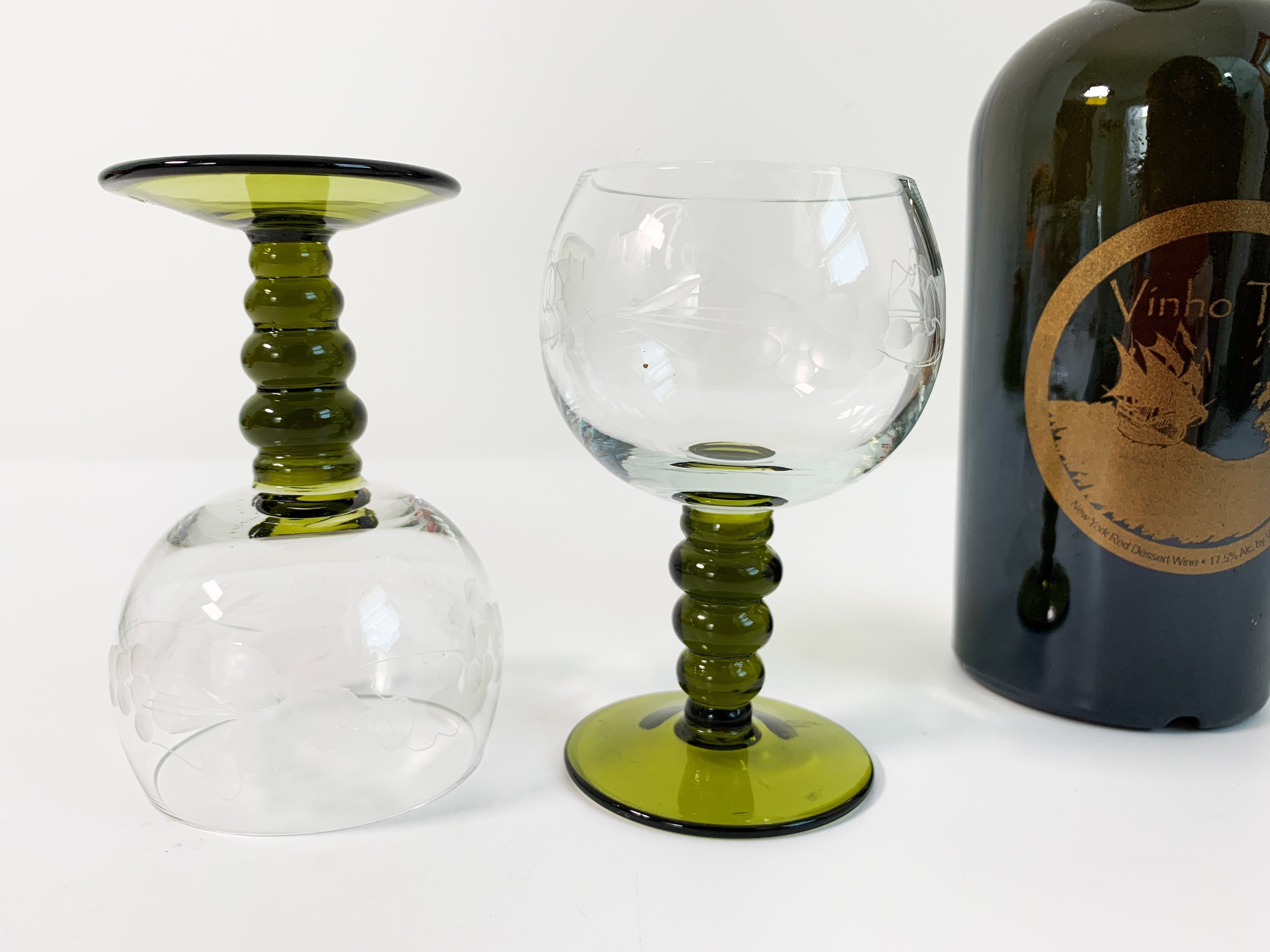 Pair Vintage Roemer Austrian Wine Glasses Set of 2 Green Stem Clear