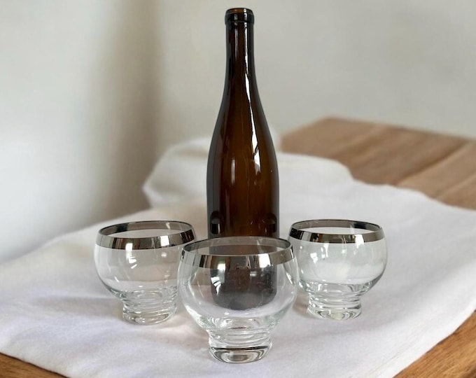 Set of 3 Vintage Silver Rimmed Large Wine or Cocktail Glasses - Footed - Clear Glass Silver Rim - Mid century