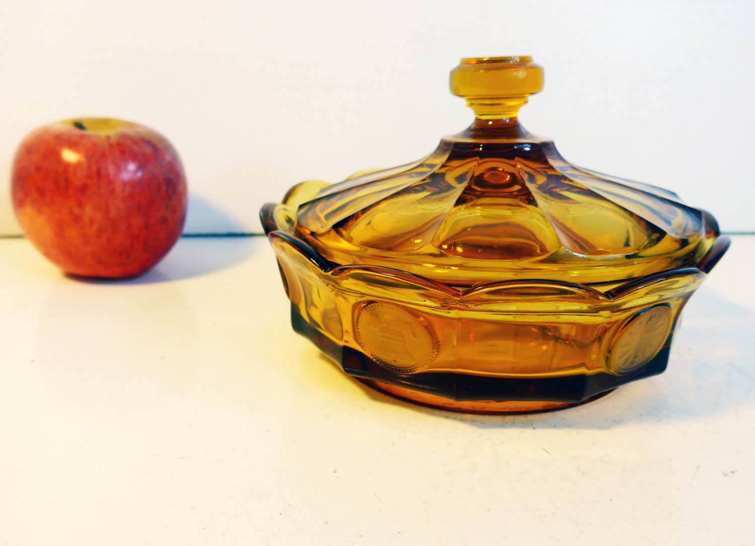 Vintage Fostoria Candy Box & Lid in Coin Glass Amber Glass Lidded
