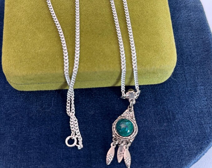 Vintage Sterling Silver & Malachite Stone Pendant Necklace - Dangle Drop Vintage Pendant on 925 Silver Chain - Mod Boho Jewelry w/ Hallmark