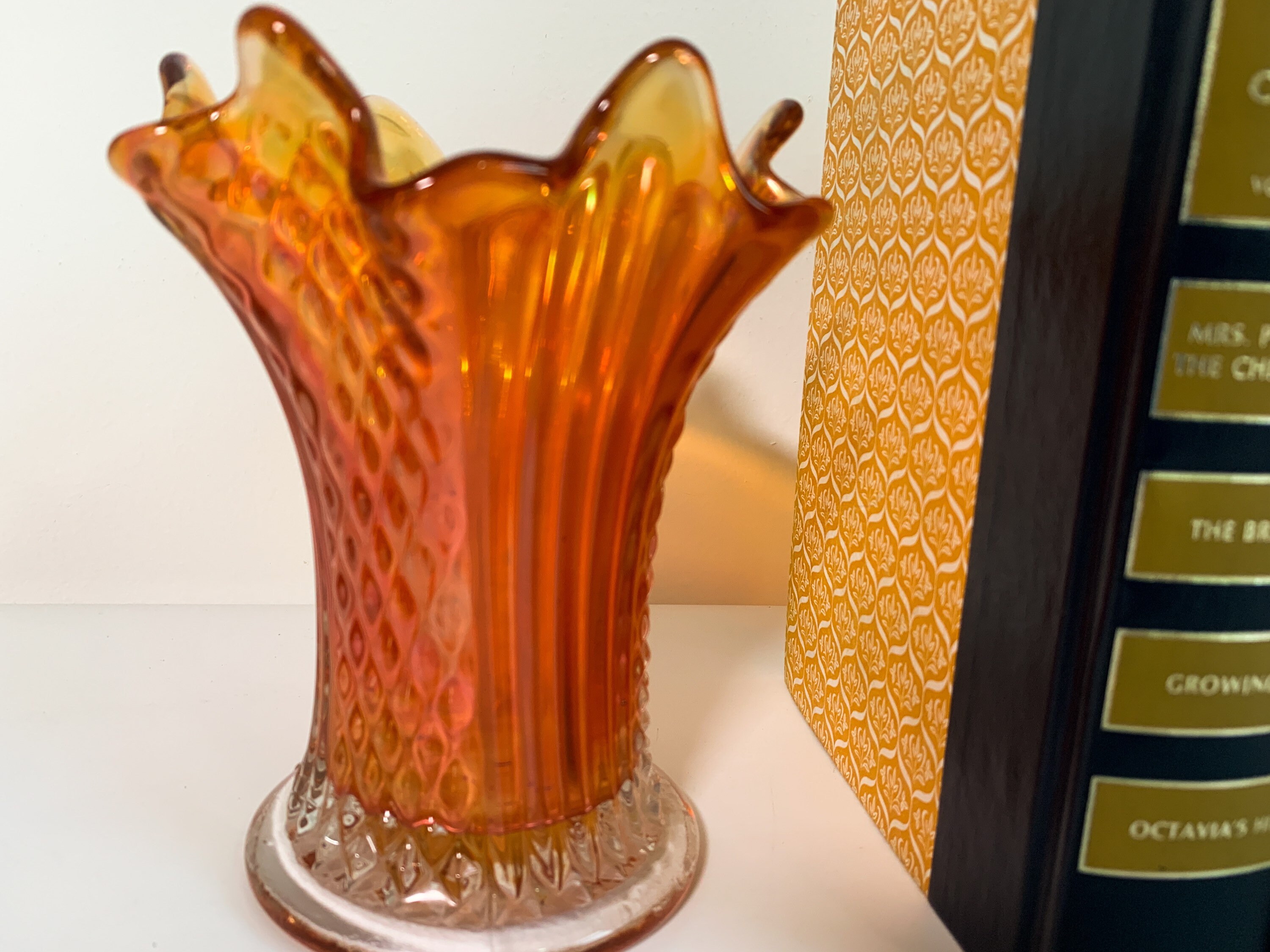 Vintage Amber Art Glass Vases 2 Orange Iridescent Glass Vases Frilled