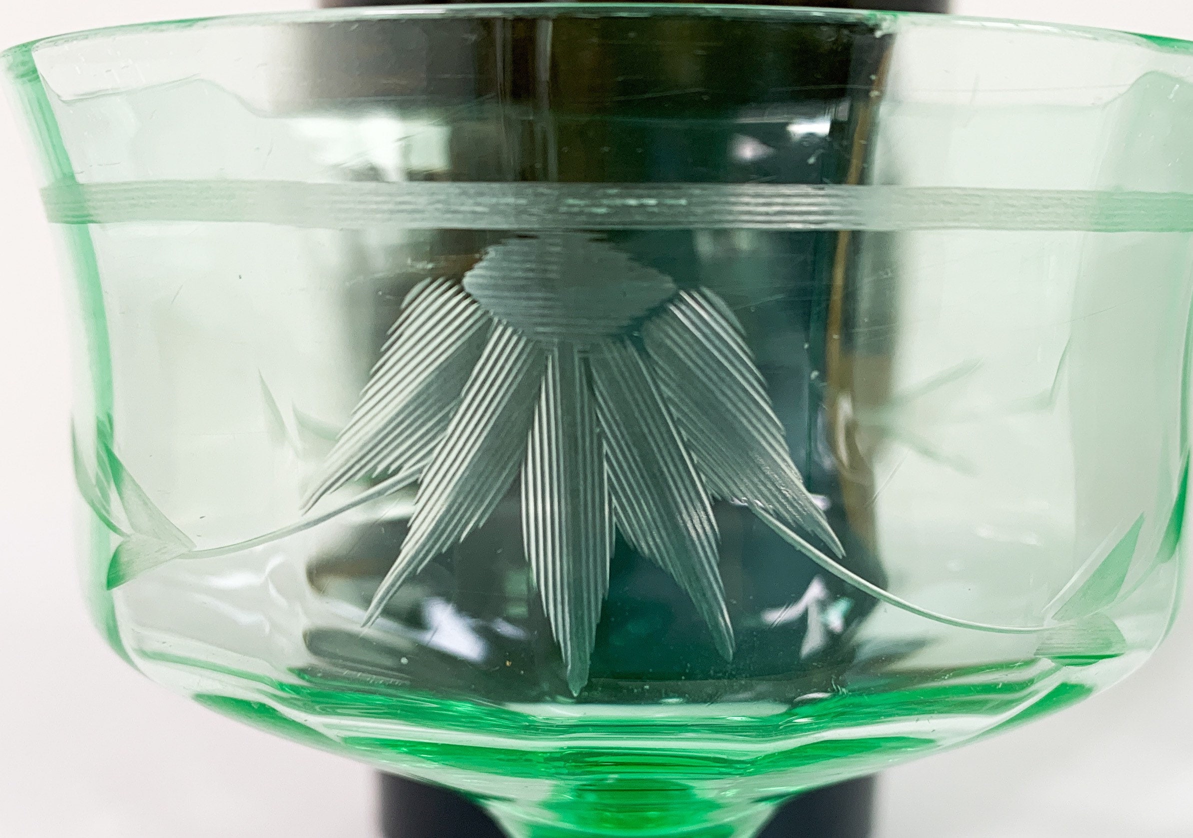 4 Etched Depression Glass Green Low Sherbet Cups or Champagne Coupes