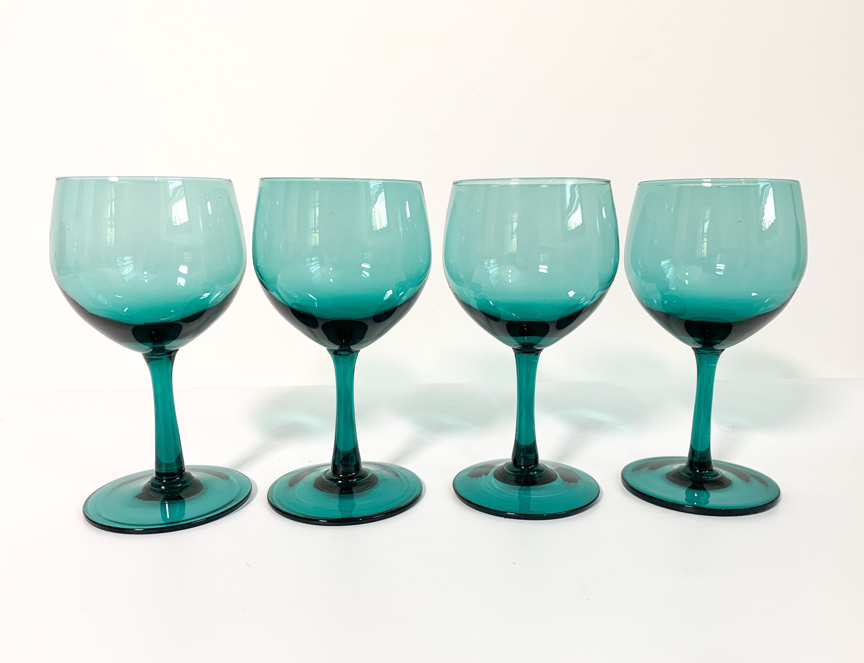 Vintage Aqua Green Wine Glasses Set of 4 Teal Green Hand Blown Wine