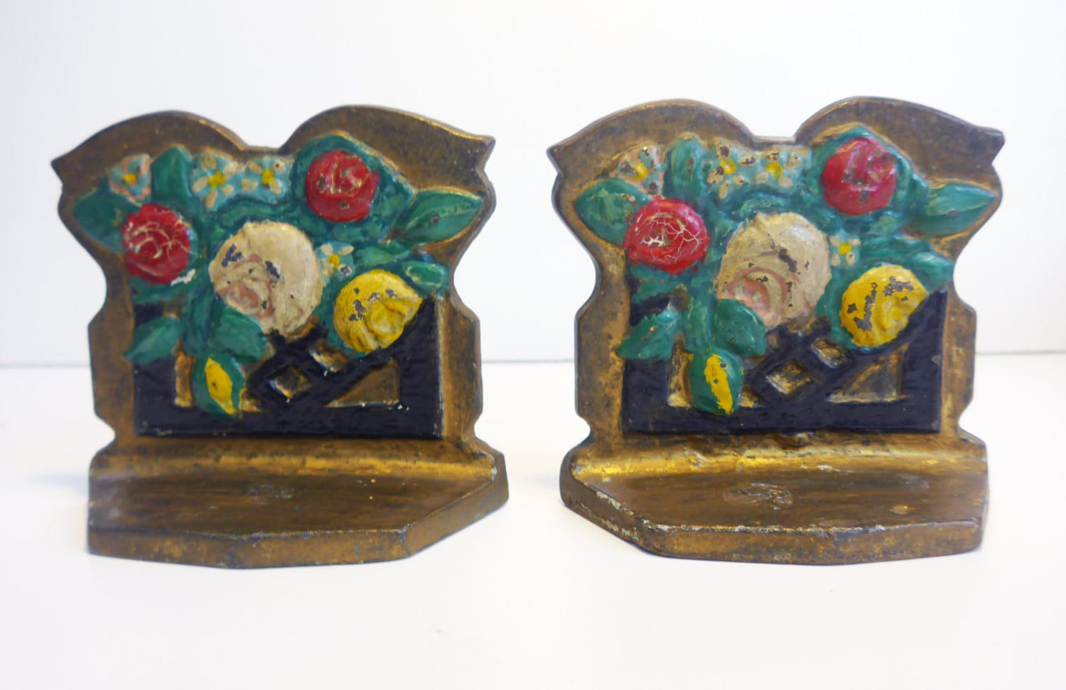 Vintage or Antique Cast Iron Floral Bookends or Doorstop Shabby