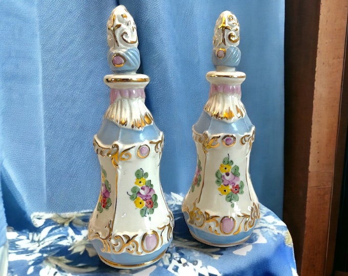 Pair Vintage / Antique Blue Pink Gold Tall Perfume Bottles - 2 Colorful Flower Floral Matching Ceramic w/ Stoppers Bed Bath Decor No. 8871