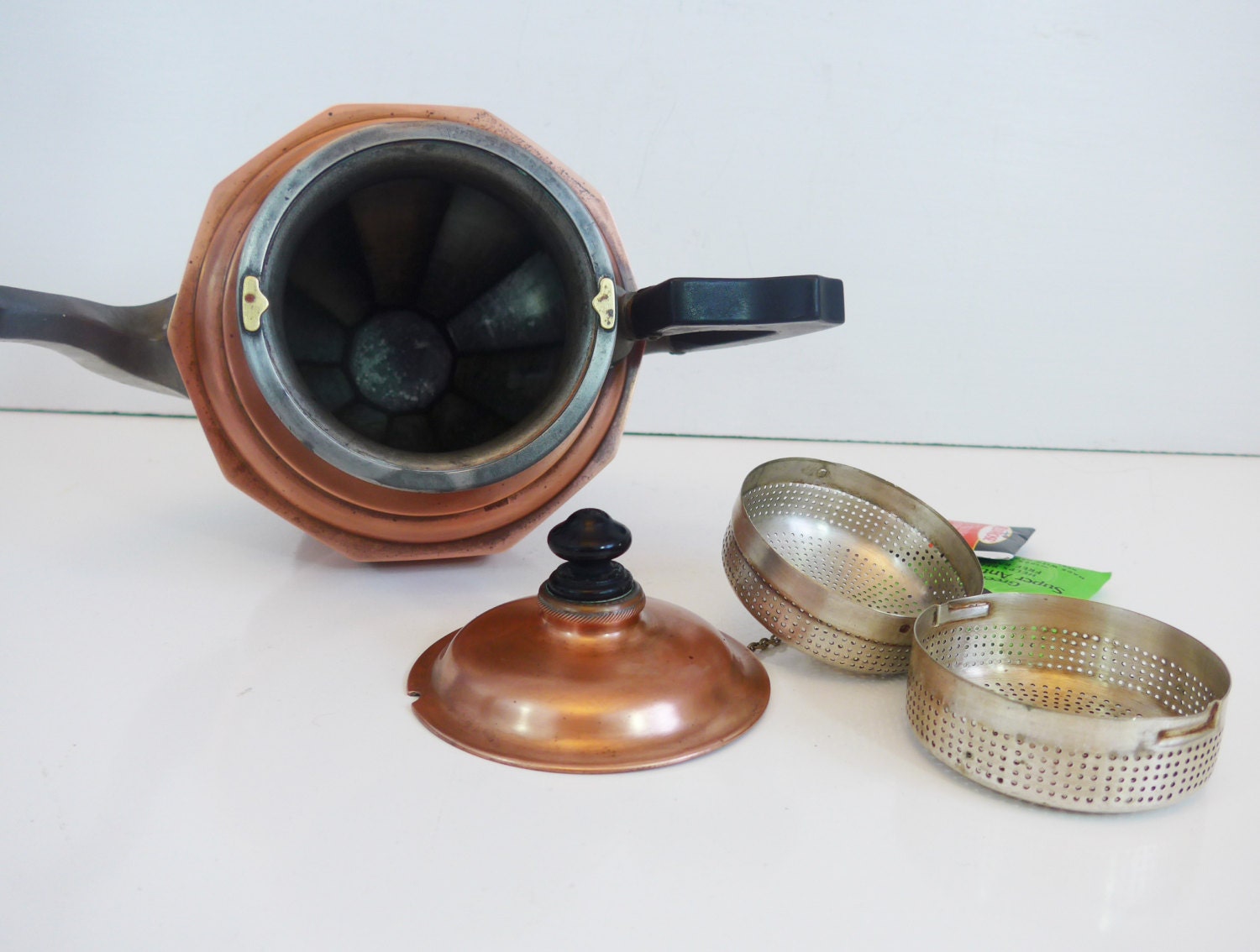 Antique Copper Art Deco Teapot w/ Strainer Manning Bowman w/ Strainer