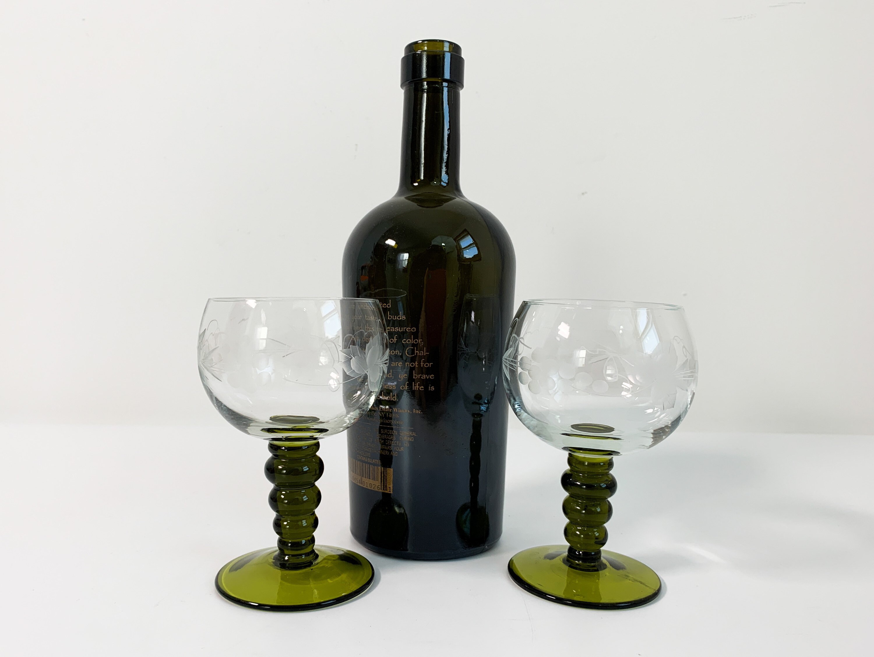 Pair Vintage Roemer Austrian Wine Glasses Set of 2 Green Stem Clear