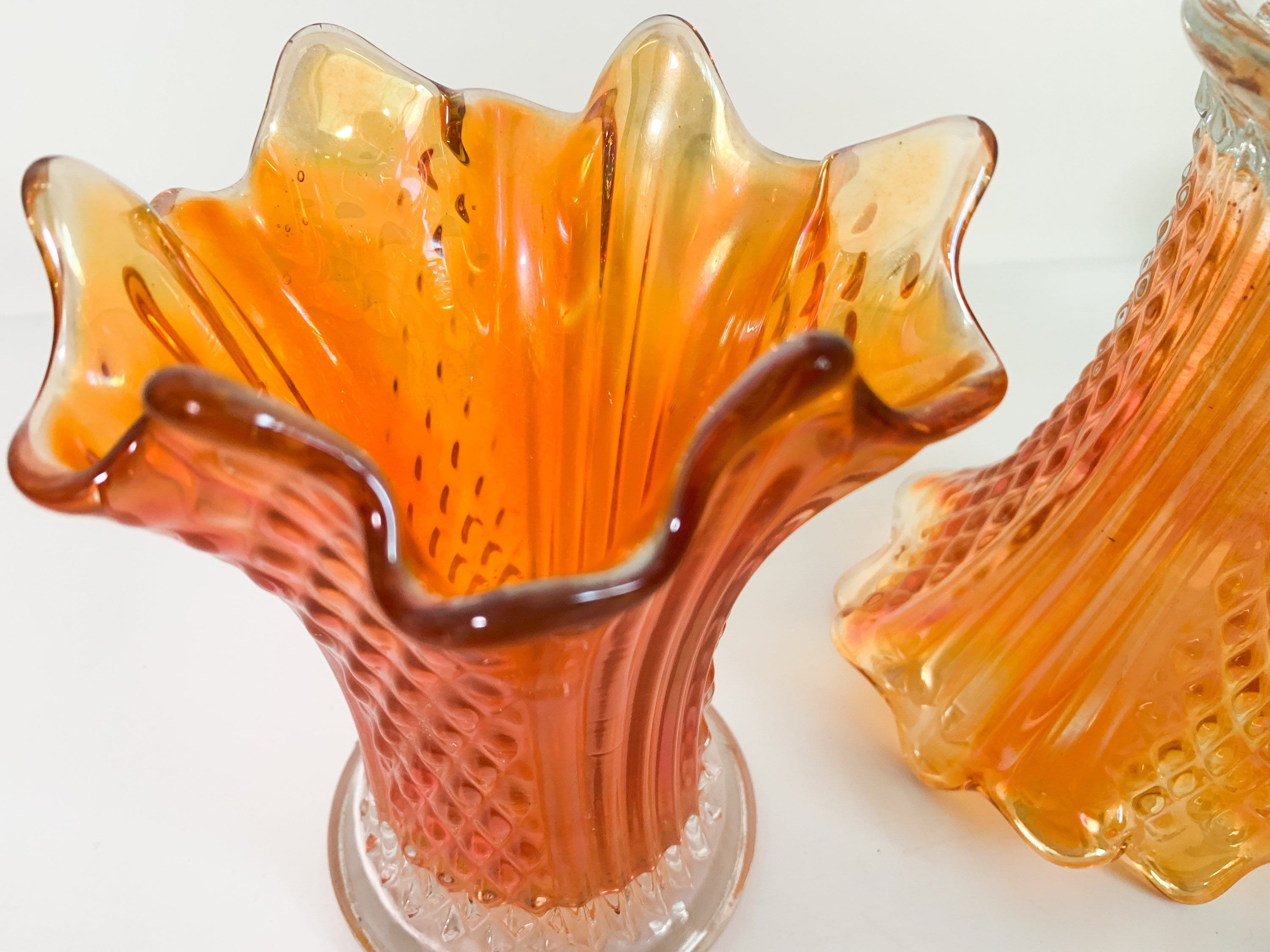 Vintage Amber Art Glass Vases 2 Orange Iridescent Glass Vases Frilled Rim W Textured Pattern
