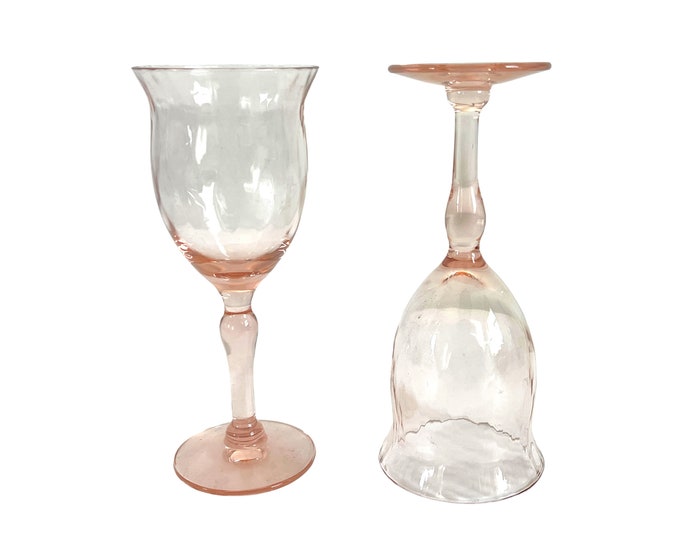 Vintage Pair Pink Optic Swirl Glasses - 2 Depression Era Small Wine / Liquor Cordial Glass Wafer on Stem