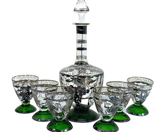 Vintage Emerald Green Decanter & Glasses Set: Silver Overlay Grape Design