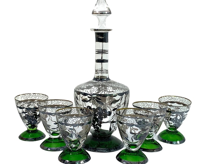 Vintage Decanter & Glasses 6 pc Set 6 Emerald Green w/ Ornate Silver Band Trim Wine / Cocktail Glasses - Green Base