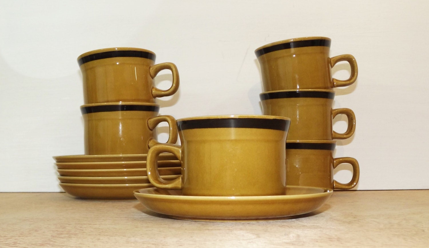 Vintage Honey Stoneware Coffee / Tea Cups or Mugs with Matching Saucers