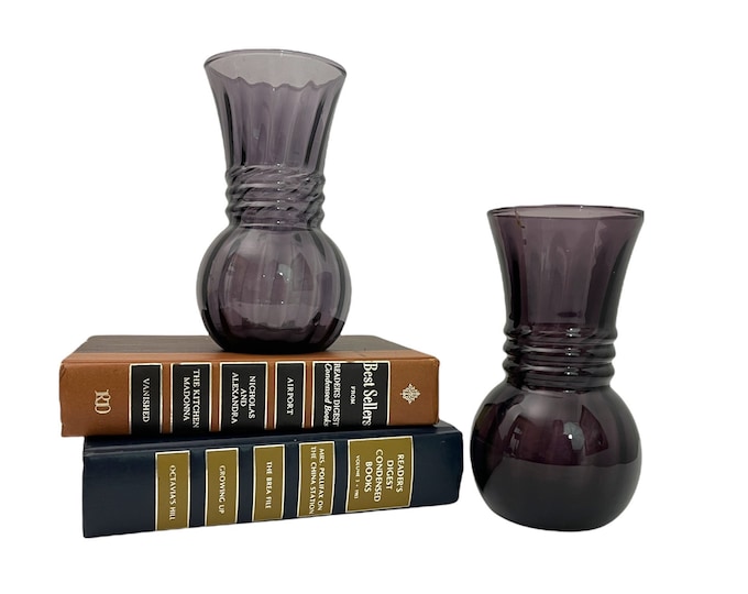 Pair Vintage Amethyst Swirl by Anchor Hocking - 2 Purple Glass Flower Vases - Retro MCM Home Decor