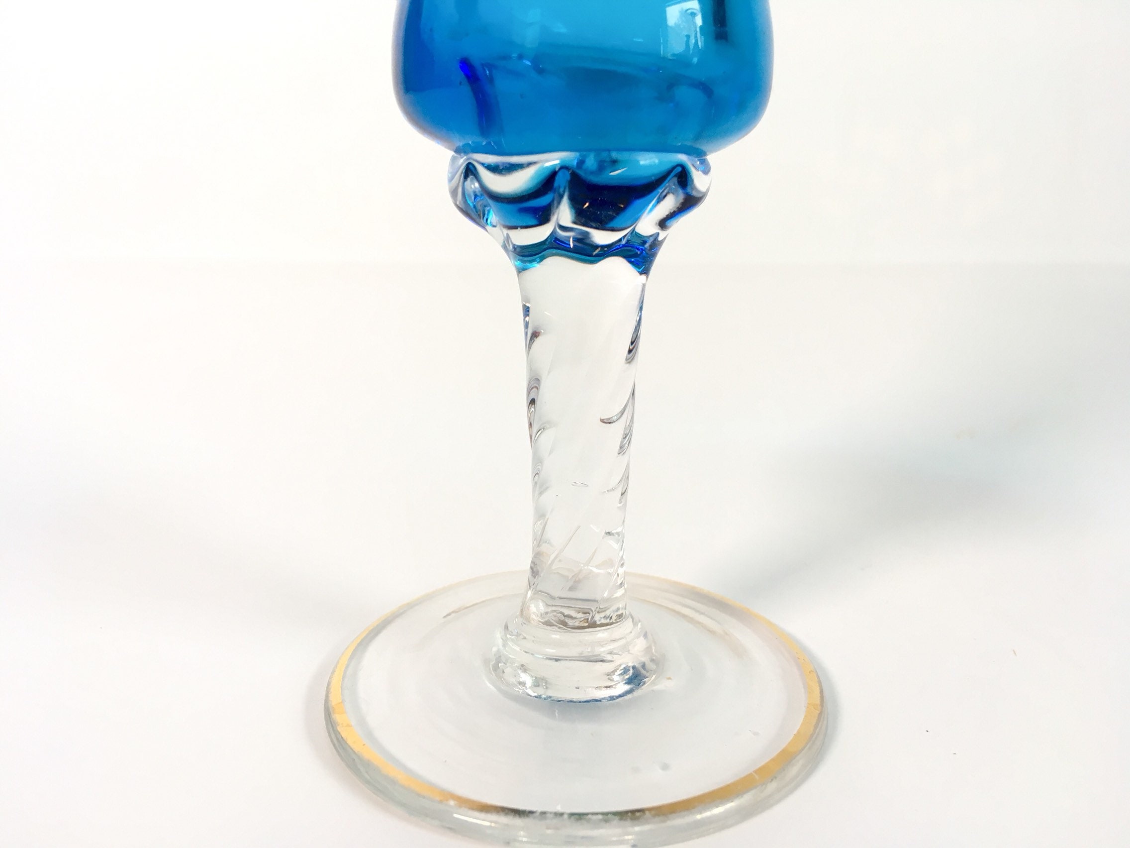 Vintage Set of 4 Blue & Gold Glasses w/ Twisted Stems Barware Serving