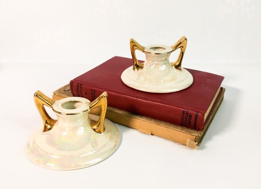Pair Candlestick Holders Pearl China Comany Vintage Set Pearlized