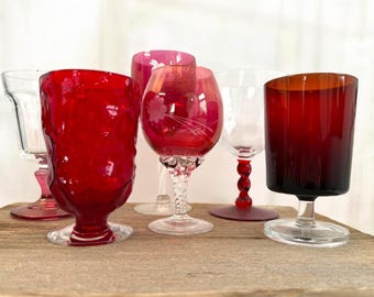 Vintage 6 Red Glasses / Goblet Set - Six Unique Stemware Drink Collection
