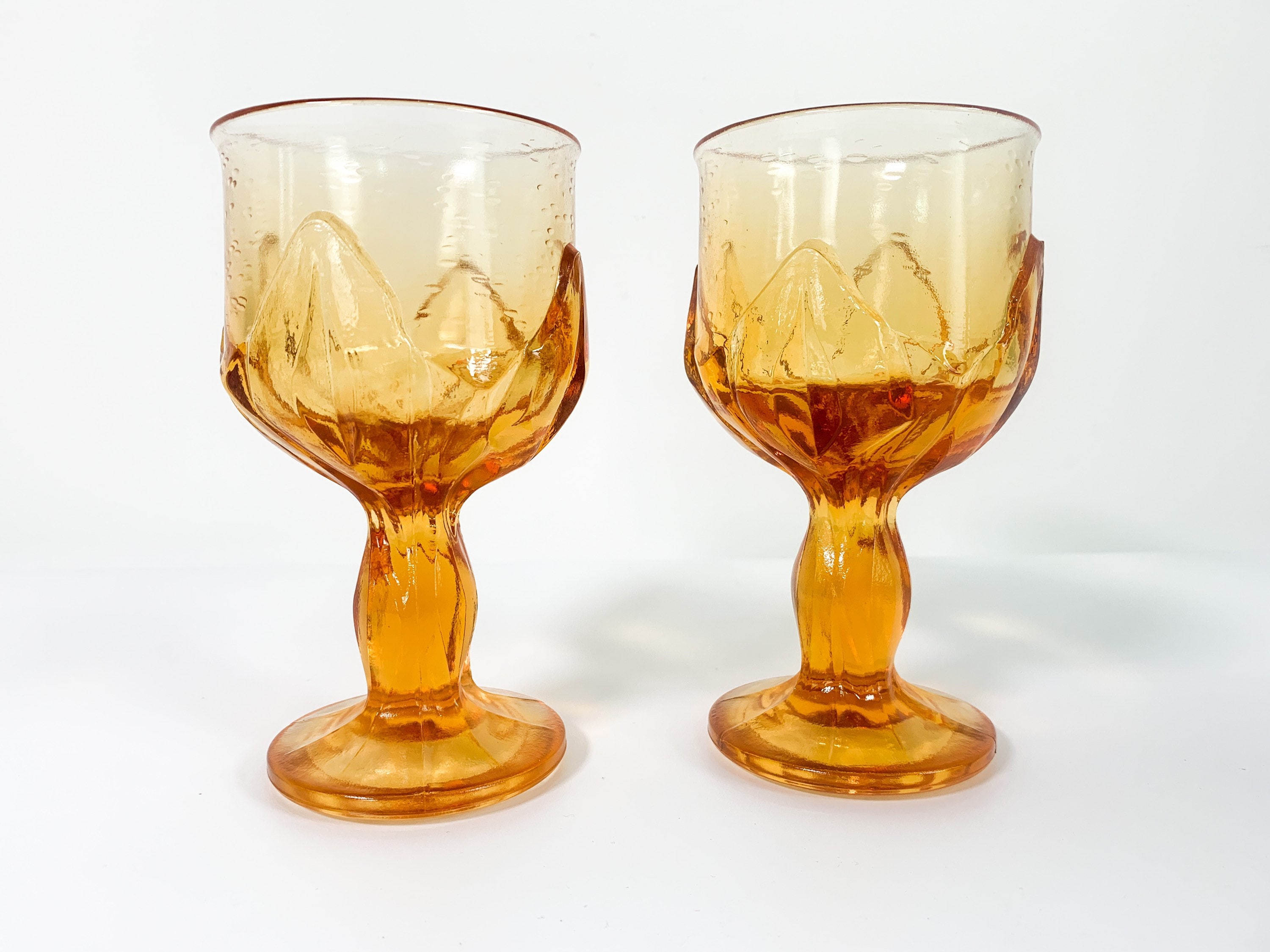 Pair Heavy Amber Vintage Pressed Glass Water Goblets w/ Petal Design