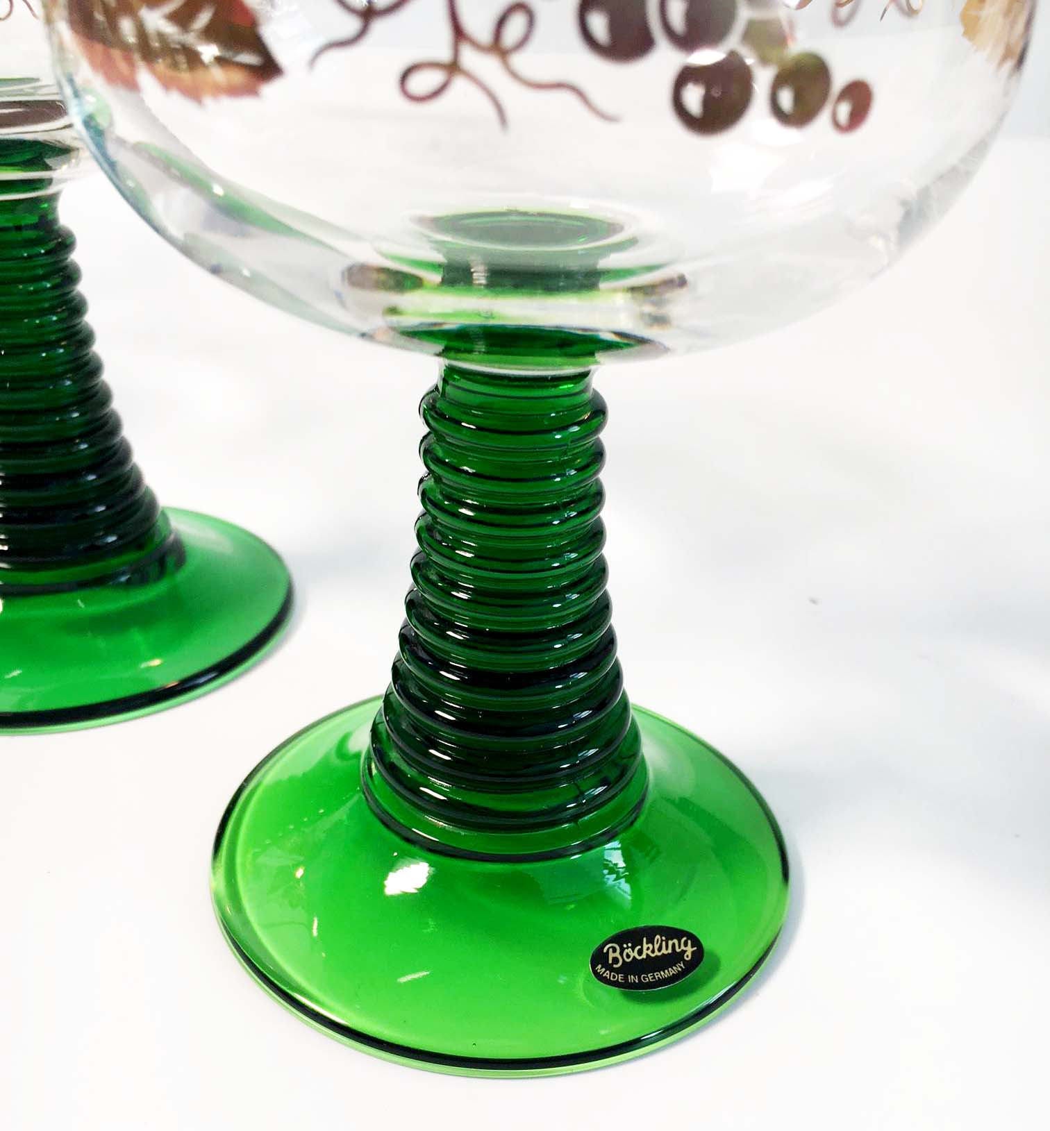 Vintage Green Stem Bockling Large Wine Glasses Set of 6 Gold Rim